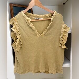 Free People Boho Vneck Raw Hem Ribbed Ruffled Sleeves w/Stud Details Mustard M